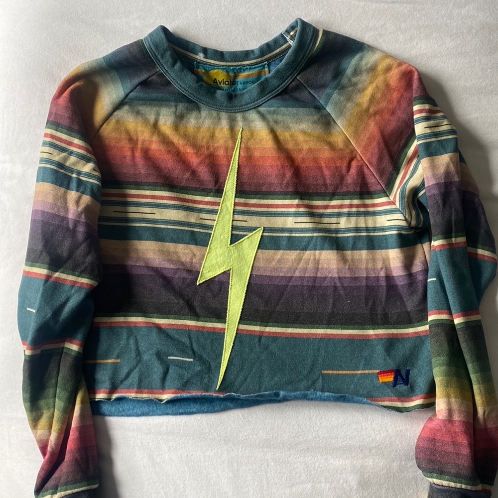 AVIATOR NATION cropped serape sweatshirt with lime green lightning bolt